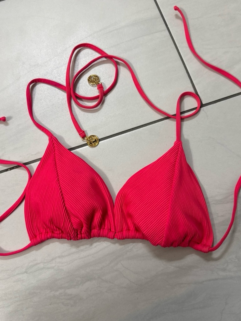 Luli Fama Hot Pink Ribbed Triangle Bikini Top with Gold Medallion
